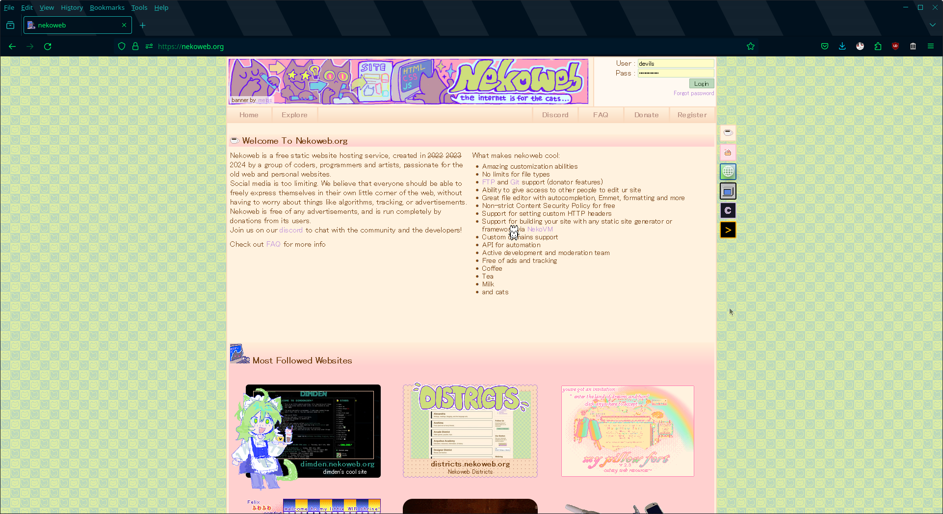 The landing page of nekoweb.org.