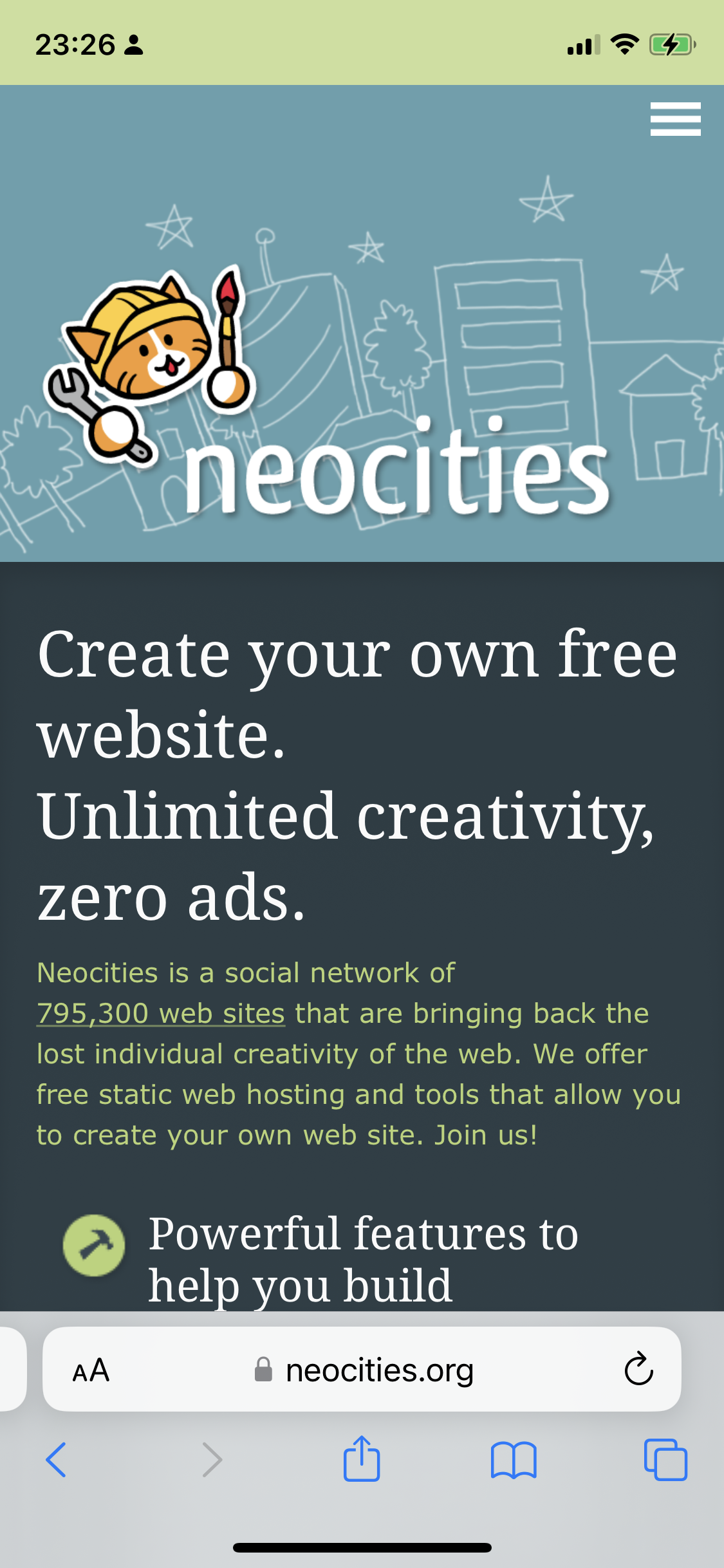 The mobile version of the Neocities landing page.