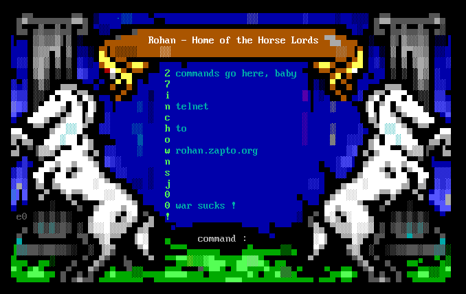 ANSI art of two horses in front of columns with text between them.