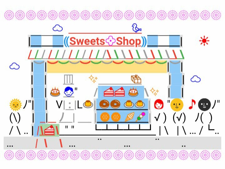 Unicode illustration of a bakery selling sweets for various customers.